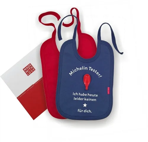 Doppelpack Baby Lätzchen mit Löffel in rot und blau "Michelin Tester! Ich habe heute leider keinen Stern für dich!", im Geschenkkarton