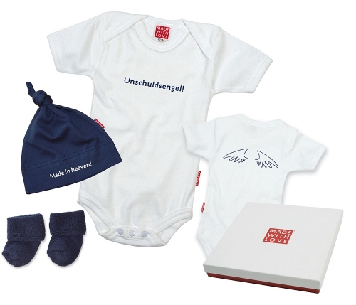 Preview: Geschenke zur Geburt und Taufgeschenke für Jungen weiss blau - Unschuldsengel Body, Mütze und Socken - inklusive Geschenkverpackung