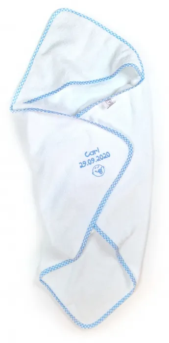 Kinder Badetuch mit Namen bestickt - Kapuzenhandtuch mit Namen, Farbe weiss/hellblau, Einfassung Vichy Karo