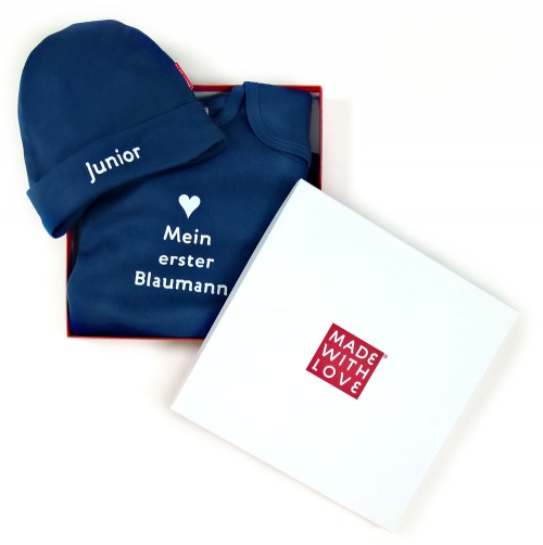 Junior Blaumann Geschenk Geburt Junge - Baby Geschenk Junge 2 tlg. Strampler und Babymütze, in Geschenkschachtel