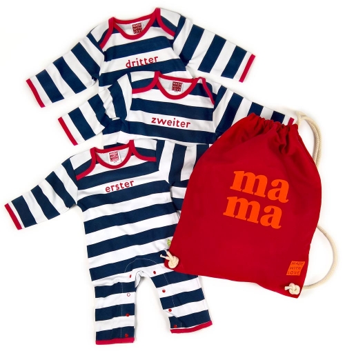 Geschenke für Drillinge Babystrampler erster zweiter dritter im Mama Rucksack verpackt