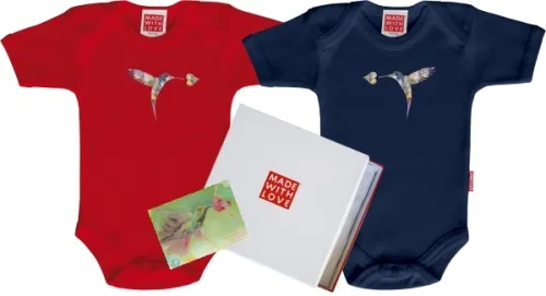 Geschenk Zwillinge Kolibri Geschenke - 2 Babybody mit Kolibri Motiv, in Geschenkschachtel mit Kunstkarte