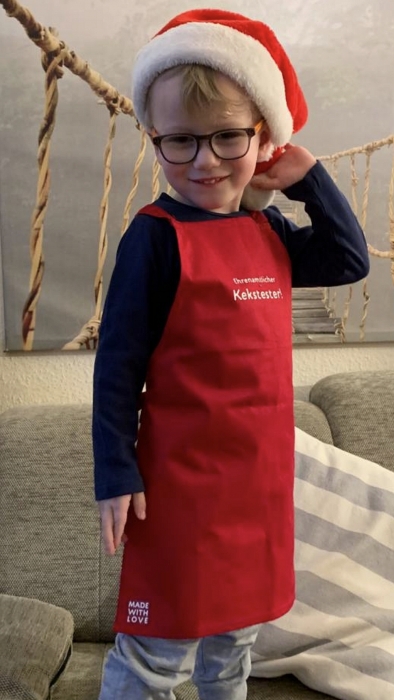 Preview: Kinderschürze Backschürze Kinder Ehrenamtlicher Kekstester - für Kinder von 3 - 6 Jahren - rot und blau, im Geschenkkarton