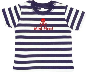 Blaues Ringel-Babyshirt: "Mini-Pirat!", inklusive Geschenkverpackung