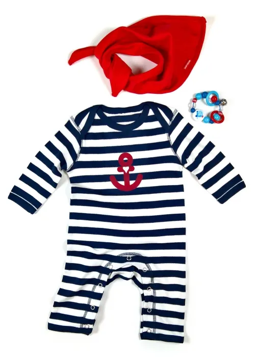 Baby Geschenke Baby Spielzeug Greifling mit Bandana rot und Baby Strampler maritim in blau, inklusive Geschenkschachtel