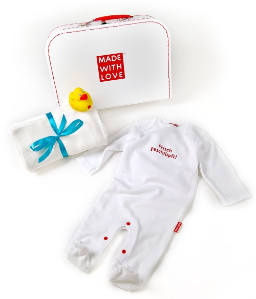 Preview: Geschenke für Frühchen Babyset Frühchen Strampler Frisch geschlüpft, Badeente und Mullwindeln im Spielkoffer