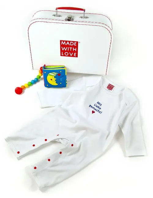 Baby Buch Stoff und Mit Liebe gemacht Baby Strampler im Spielkoffer - Baby Geschenk für Mädchen und Jungen
