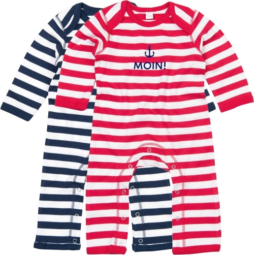 Preview: Overall Baby Ringel in rot oder blau "Moin!", inklusive Geschenkverpackung