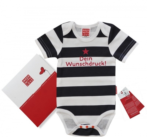 Preview: Babygeschenke mit Namen: Babybody mit Ringeldruck und Wunschdruck, inklusive Geschenkverpackung