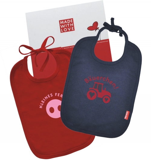 Set Baby Lätzchen zum Binden Bäuerchen und kleines Ferkel, 2 Sabberlätzchen im Doppelpack als Babygeschenk verpackt