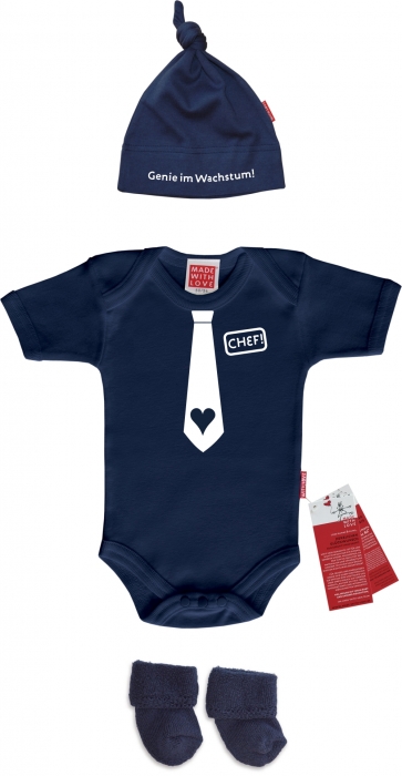 Preview: Babygeschenke für Jungen Baby Set blau Chef - Babybody, Zipfelmütze und Stretchsocken - inklusive Geschenkverpackung