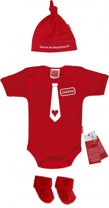 Preview: Baby Geschenke Mädchen Farbe rot Chefin - Babygeschenk Mädchen mit Babybody Baumwollmütze und Babysocken - in Geschenkverpackung