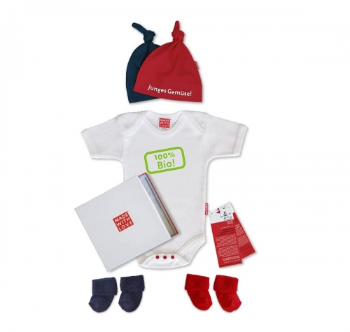 Preview: Baby-Set "100% Bio" , Babybody, Zipfelmütze + Babysocken, inklusive Geschenkverpackung