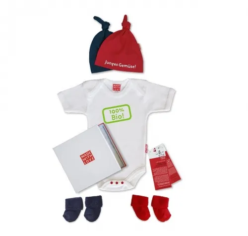 Baby-Set "100% Bio" , Babybody, Zipfelmütze + Babysocken, inklusive Geschenkverpackung