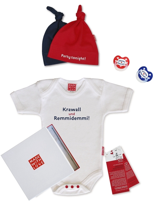 Preview: Babygeschenk Krawall und Remmidemmi Body Zipfelmütze und Schnuller Volume Control - als Geschenk verpackt
