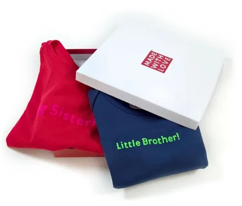 Geschwister Shirts Big Sister Little Brother - Geschwister T-Shirt 2 Stück rot und blau, in Geschenkschachtel