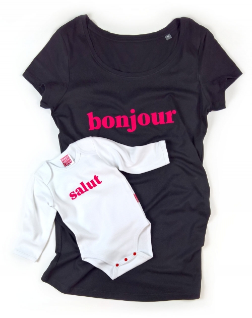Mama Baby Partnerlook - Partnerlook Mutter Tochter, Partnerlook Mutter Sohn Bonjour/Salut - in Geschenkschachtel