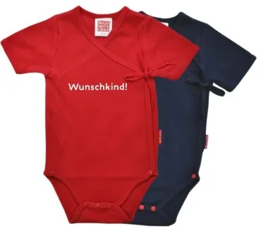 Roter oder blauer Wickelbody: "Wunschkind!", inklusive Geschenkverpackung