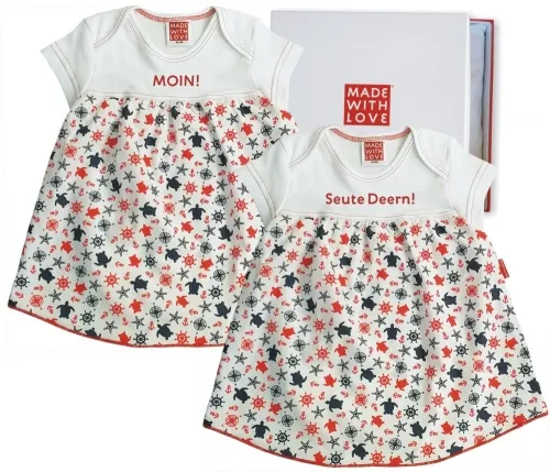 Zwillinge Baby Geschenke zur Geburt Zwillinge - 2 Stück Mädchenbody Body Kleid Moin und Seute Deern - inklusive Geschenkschachtel