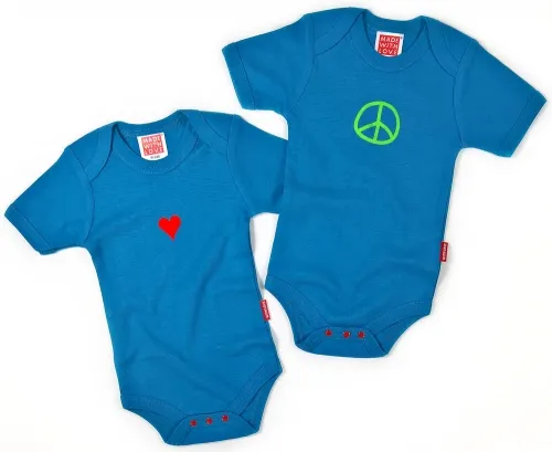 Geschenkset Zwillinge Bodyset Love and Peace - Babyset 2 Body Baumwolle türkis - inklusive Geschenkschachtel