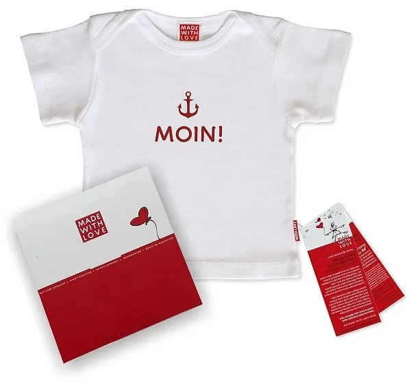 Baby-T-Shirt weiß "MOIN!" rot, inklusive Geschenkverpackung