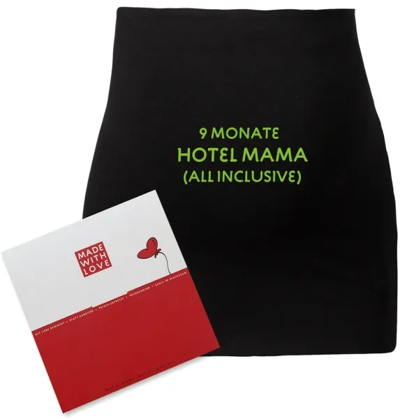 Umstandsmode, Bauchband in 4 Farben "9 Monate Hotel Mama (all inclusive)", inklusive Geschenkverpackung