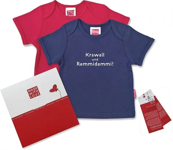 Buntes T-Shirt für Babys: "Krawall und Remmidemmi", inklusive Geschenkverpackung