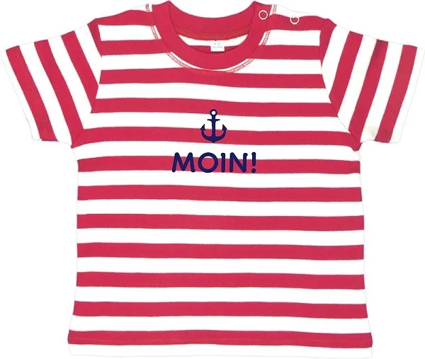 Rotes Ringel-Babyshirt: "Moin!", inklusive Geschenkverpackung
