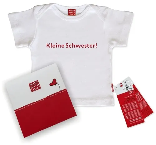 Baby-Shirts, Baby-T-Shirt weiß mit Druck "Kleine Schwester!", inklusive Geschenkverpackung
