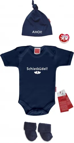 Schietbüdel Baby Set UKSH für Jungen, Body, Ahoi Mütze & Moin Schnuller, in Geschenkschachtel