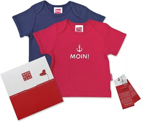 Buntes T-Shirt für Babys: "MOIN!", inklusive Geschenkverpackung