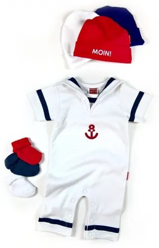 Baby maritim: Moin Baby Mütze, Matrosenanzug Anker und Babysocken - Baby Set für Mädchen und Jungen, im Geschenkkarton
