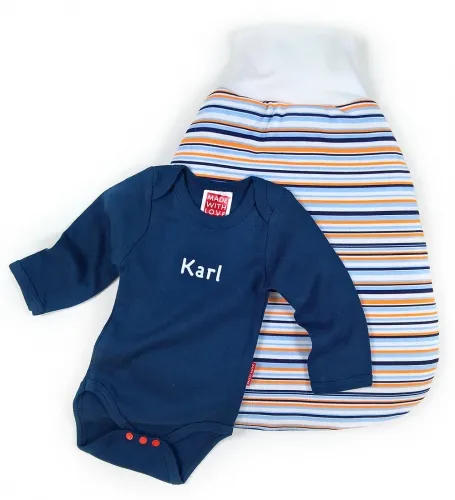 Baby Set Jungen Pucksack und Body personalisiert blau Ringel bunt, im Geschenkbeutel