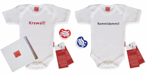 Geschenke für Zwillinge Krawall und Remmidemmi - mit Volume Control 2 Body Baby weiß und 2 Marken Schnuller - als Geschenk verpackt